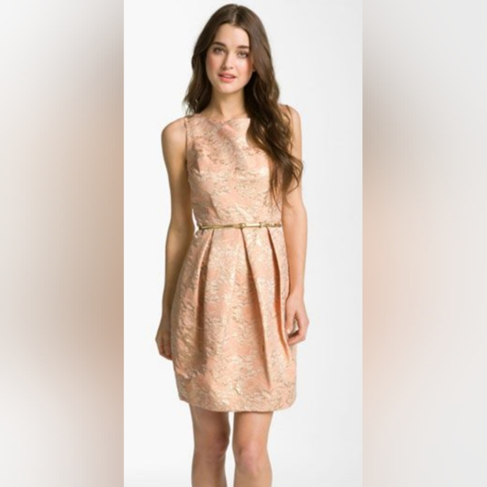 Eliza J Jacquard Tulip Dress Peach Gold Floral Pockets Semiformal Mini Sz 8